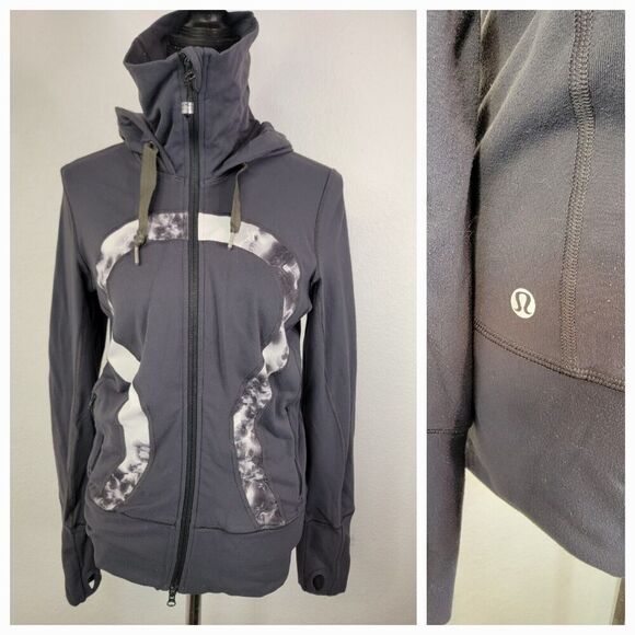 Lululemon Hooded Jacket Womens 6 Zip Up Thumbholes Gray Marble Logo - Picture 1 of 9